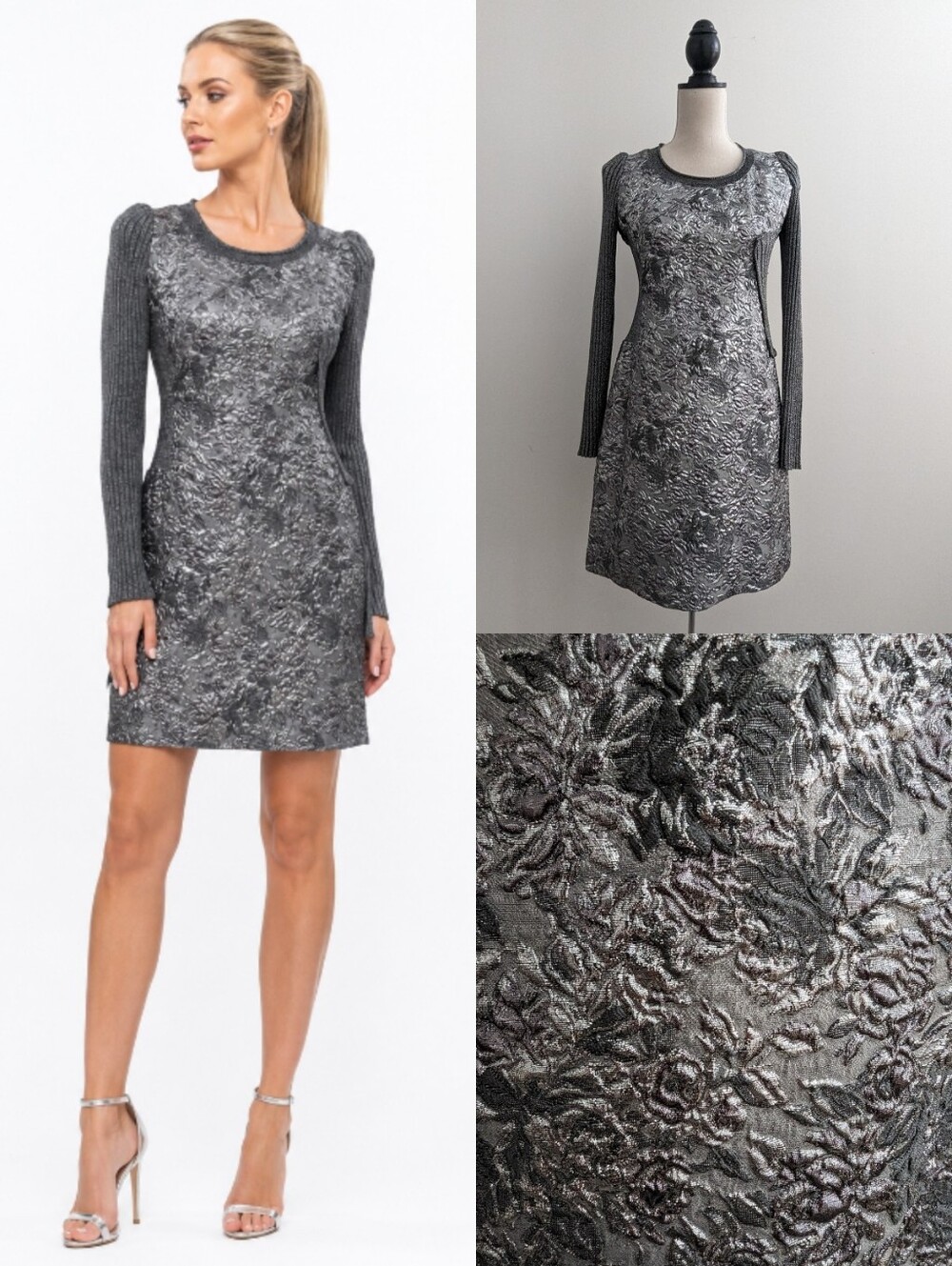 3.1 Philip Lim Grey Silver Metallic Floral Long Sleeve Knit Sweater Dress